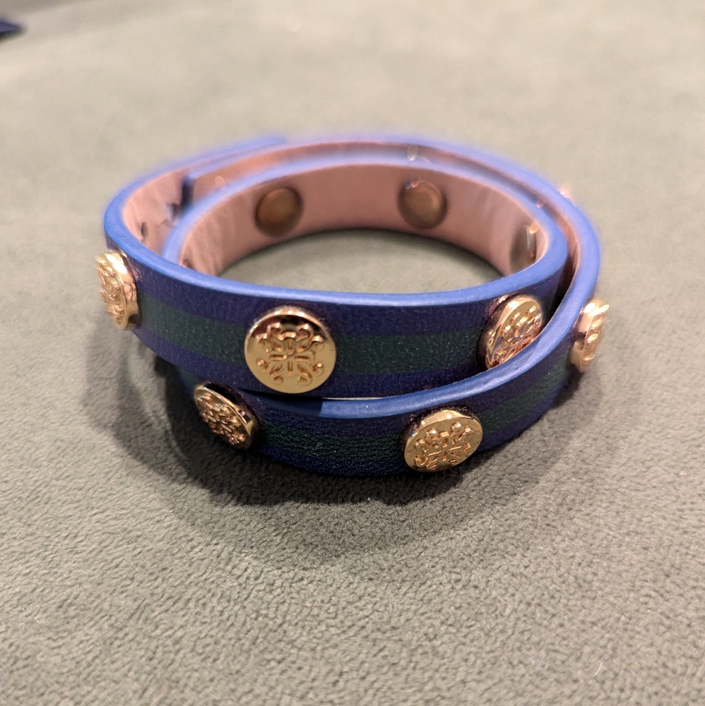 Rustic Cuff, blue and green with logoed gold plates and a button clasp